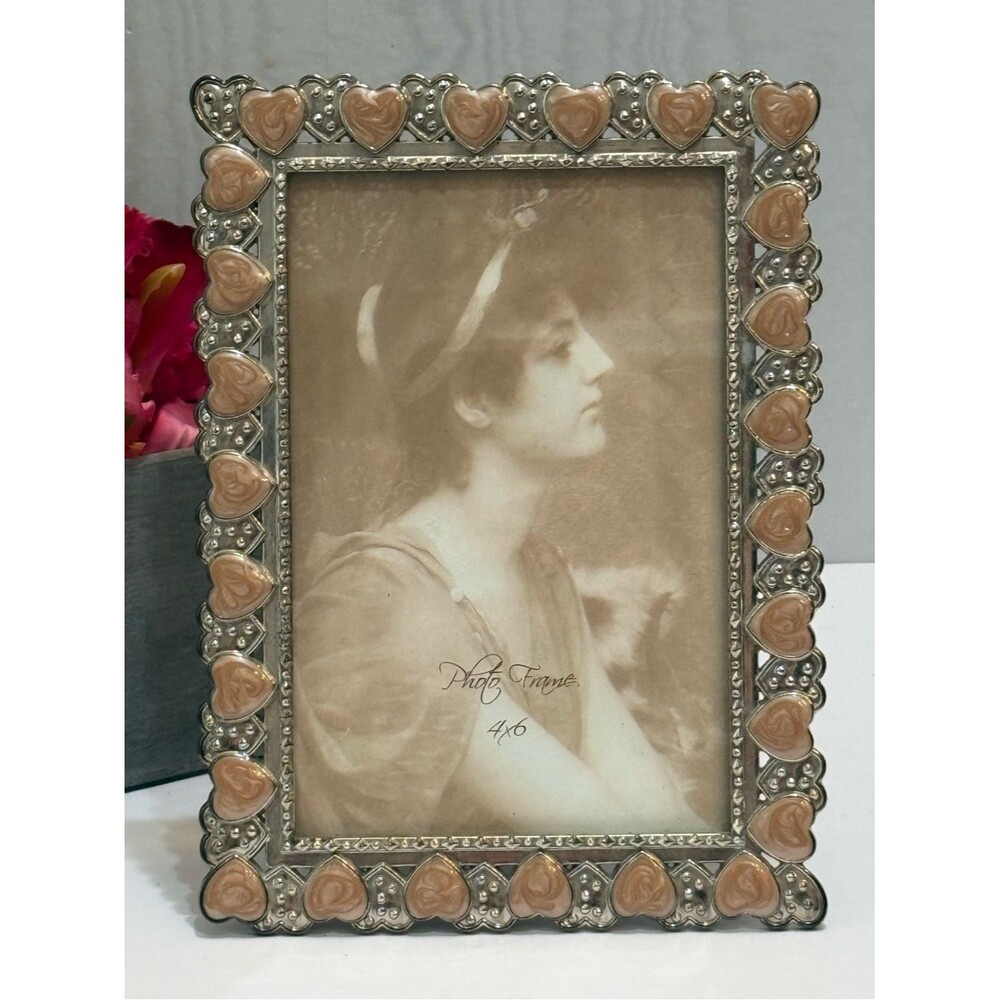 Ornate Silver & Pink Enamel Heart Picture Frame 4x6 Vintage Style Romantic